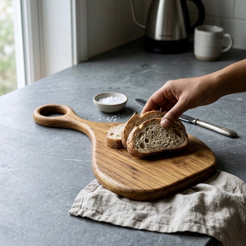 Large teak wood serving tray arranged with bread and cheese on a kitchen counter