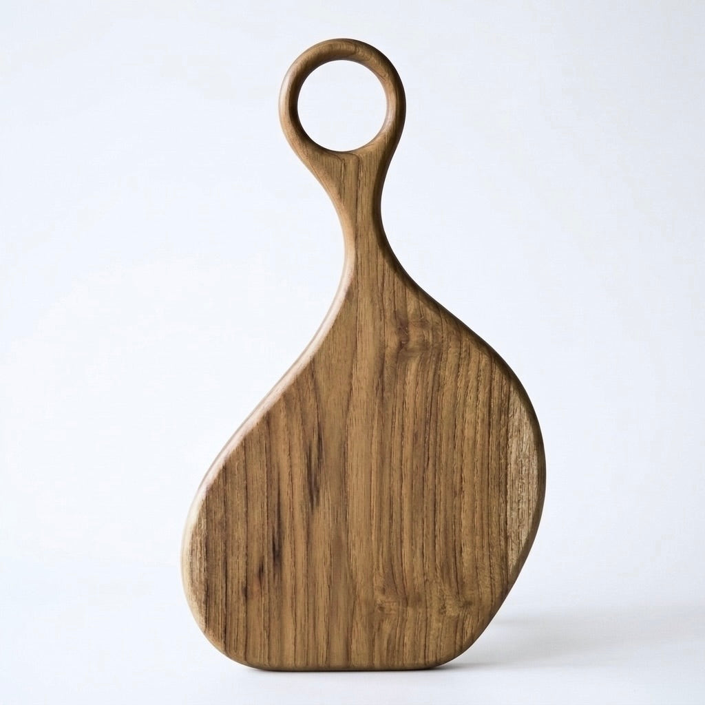 
Handmade Ceylon teak cutting board with natural grain detail on white background