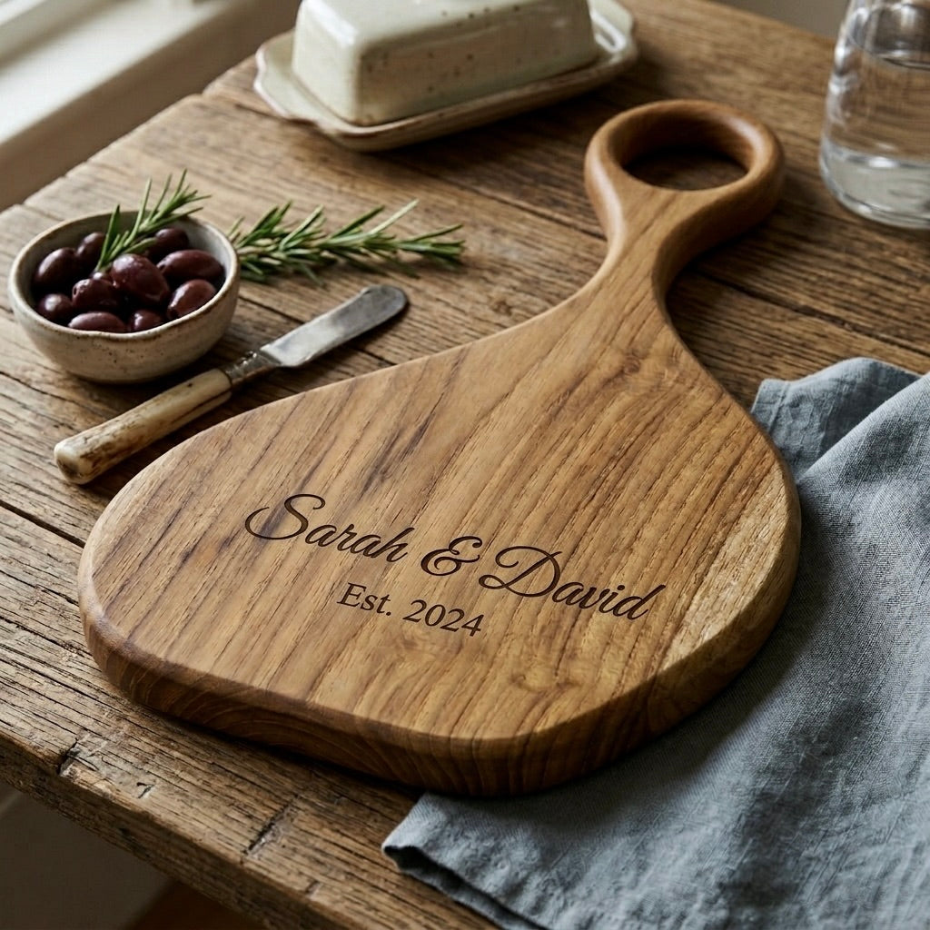 Custom engraved teak cutting board gift wrapped for a wedding or housewarming