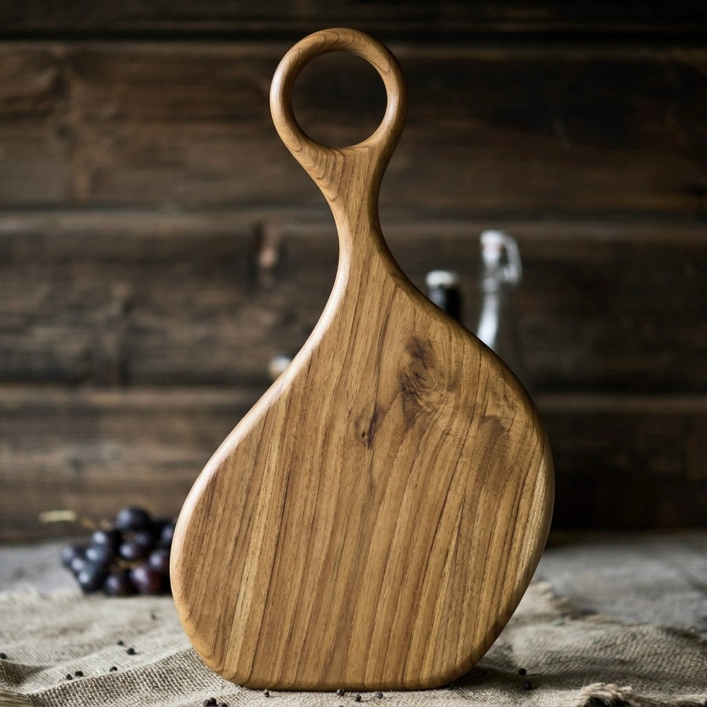 Artisan hand-sanding a Ceylon teak cutting board in a Sri Lankan workshop