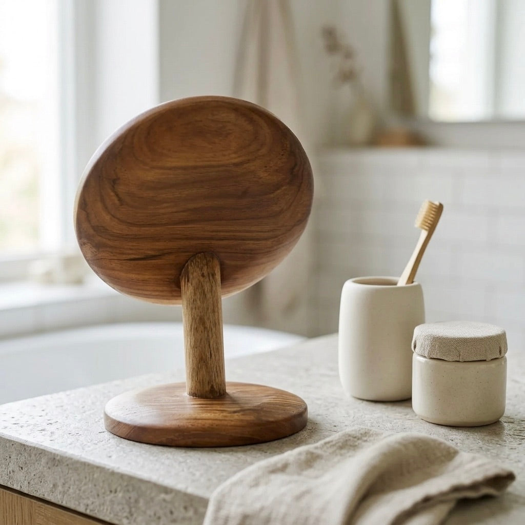 Teak vanity mirror with round glass and clear reflection