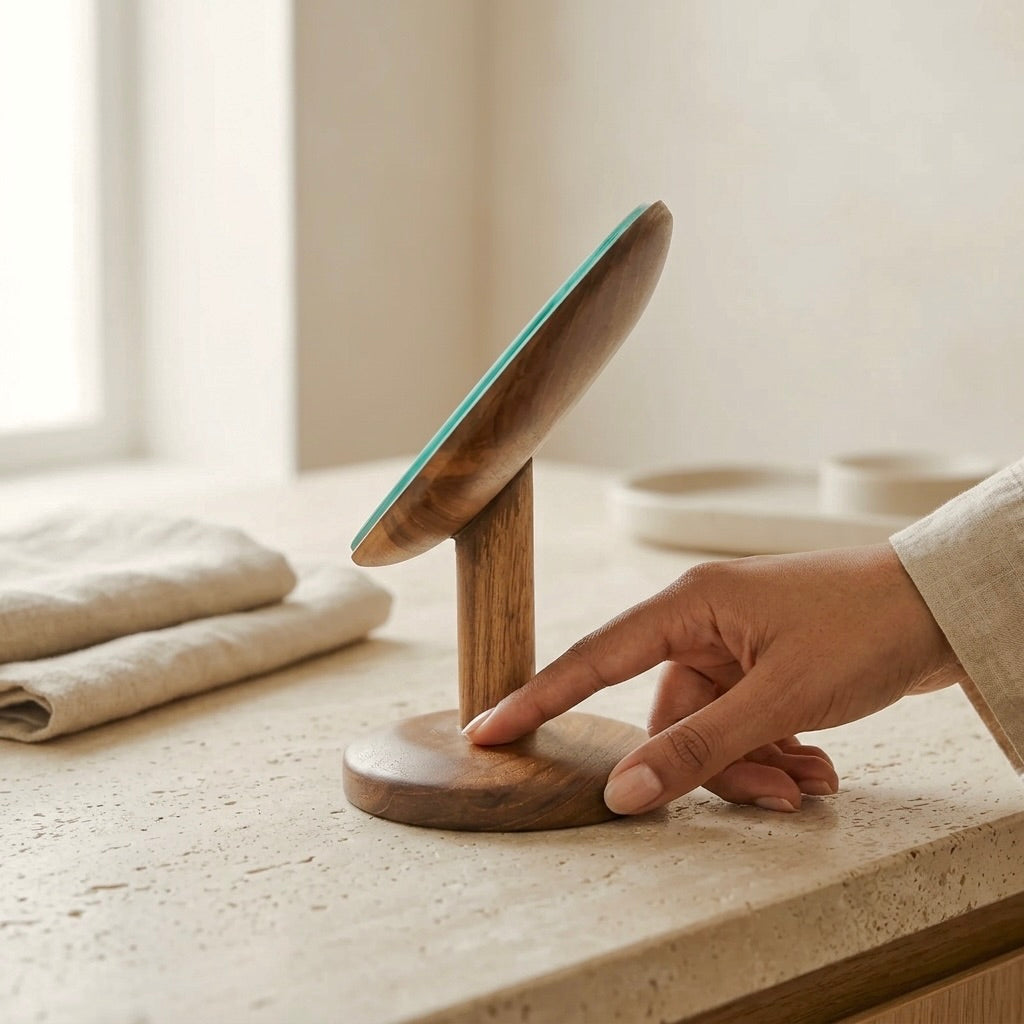 Teak vanity mirror, side view showing wooden stand