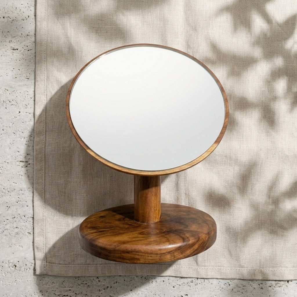 Teak tabletop vanity mirror with round mirror on white cloth