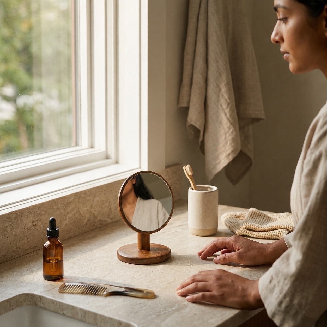 Teak vanity mirror, side view showing wooden stand