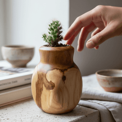 small wood plant pot Natural Curve Cactus Pot - Handcrafted Teak Cactus Pot