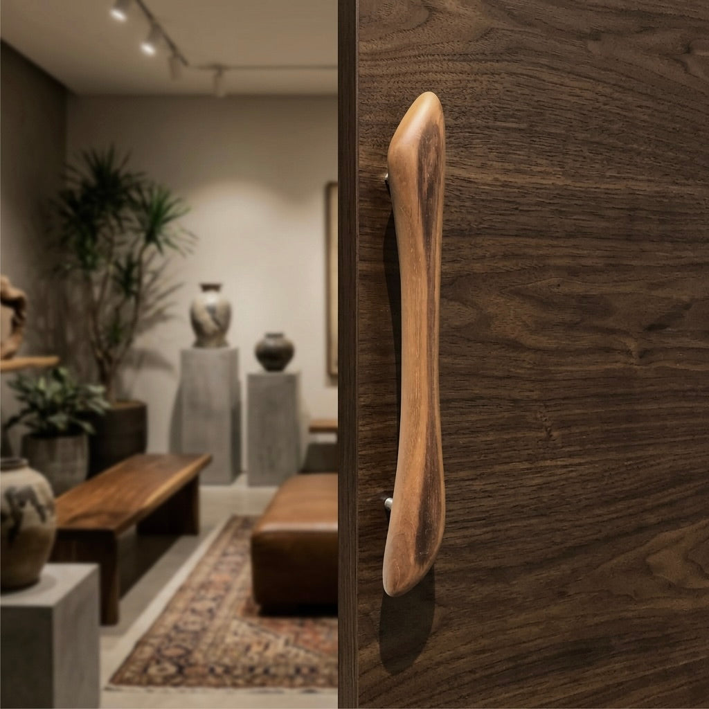 Bold heavy handmade teak wood statement door pull handle, 22.5 inch, 16.5 inch center-to-center