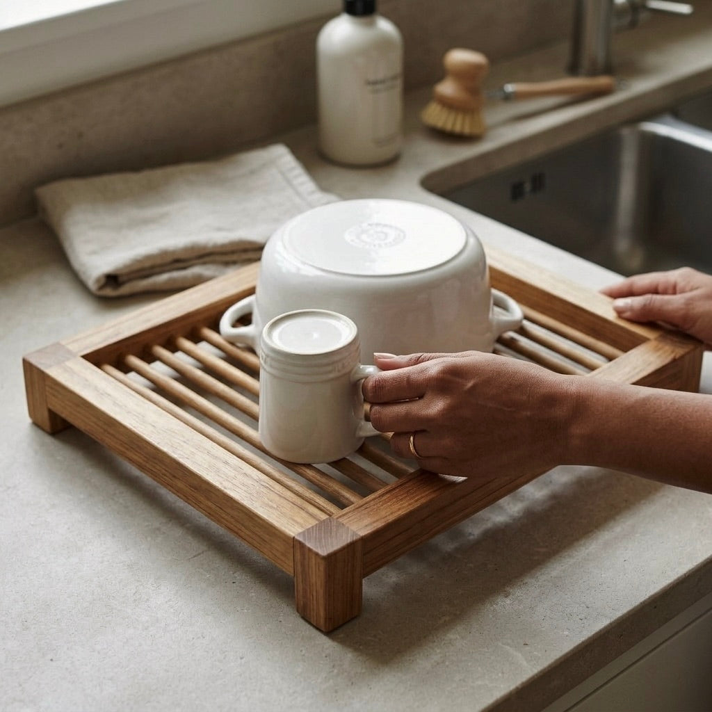 Teak wood drying rack in natural finish for kitchen use