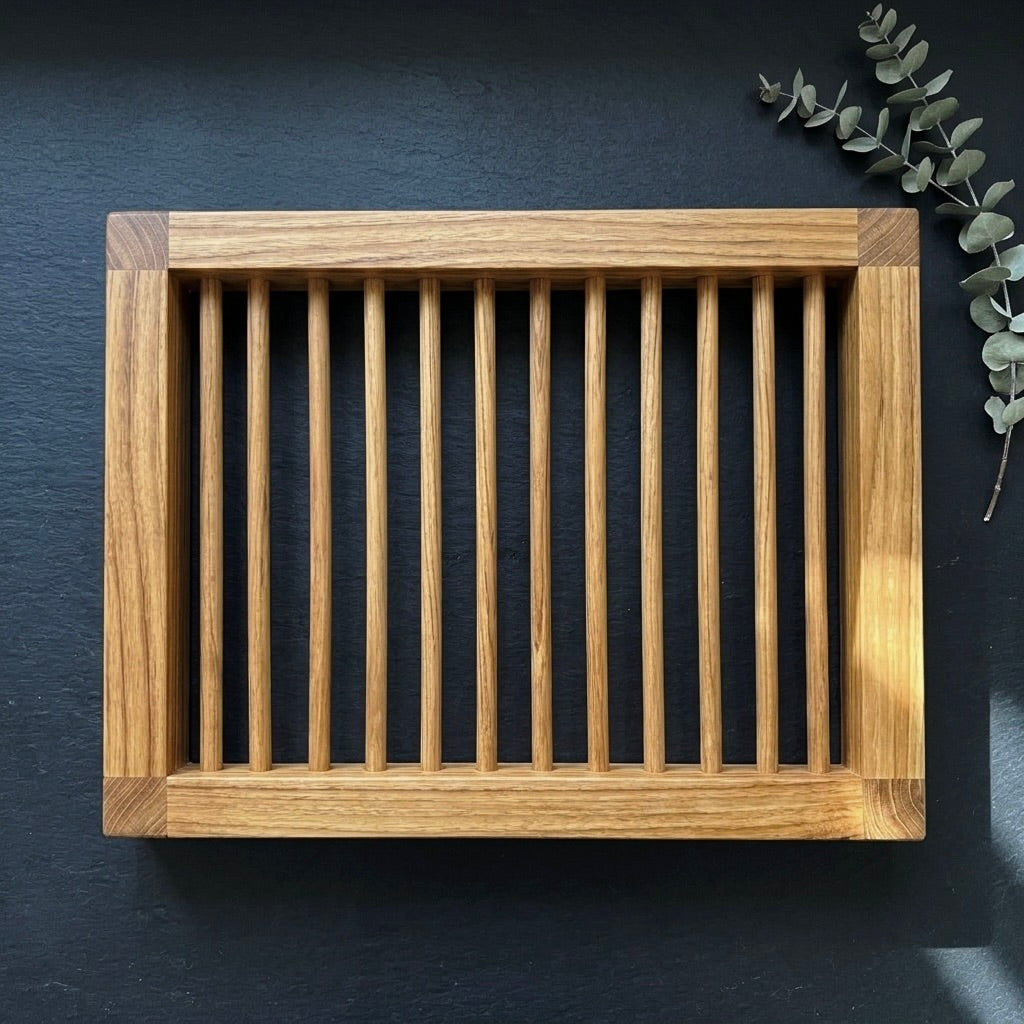 Teak drying rack in natural finish, perfect for drying dishes