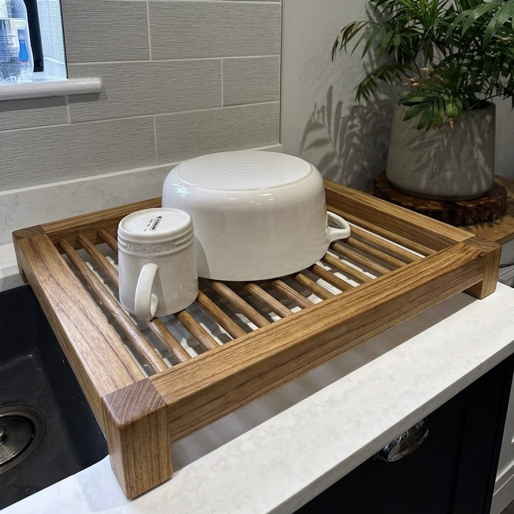 Teak drying rack with natural finish for dish drying