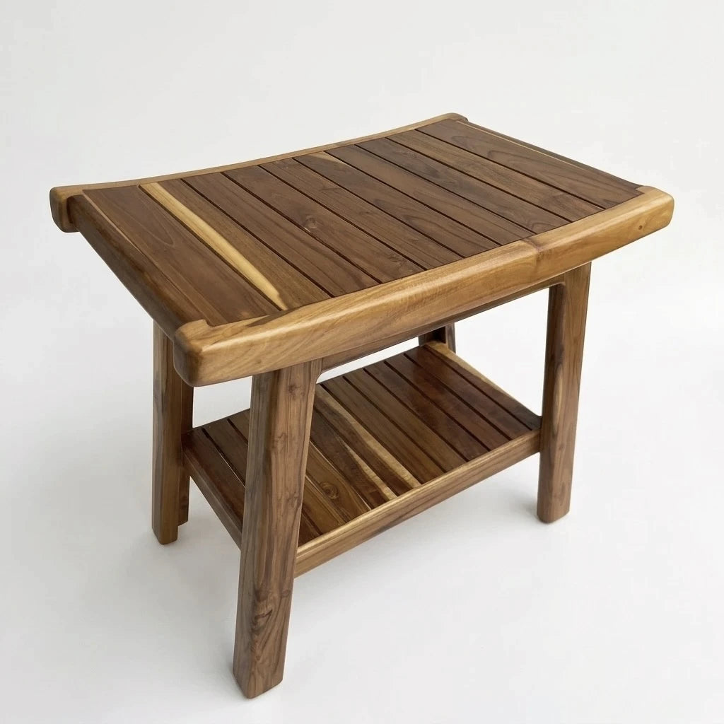 Handmade teak wood shower bench with lower storage shelf – Wood Ceylon