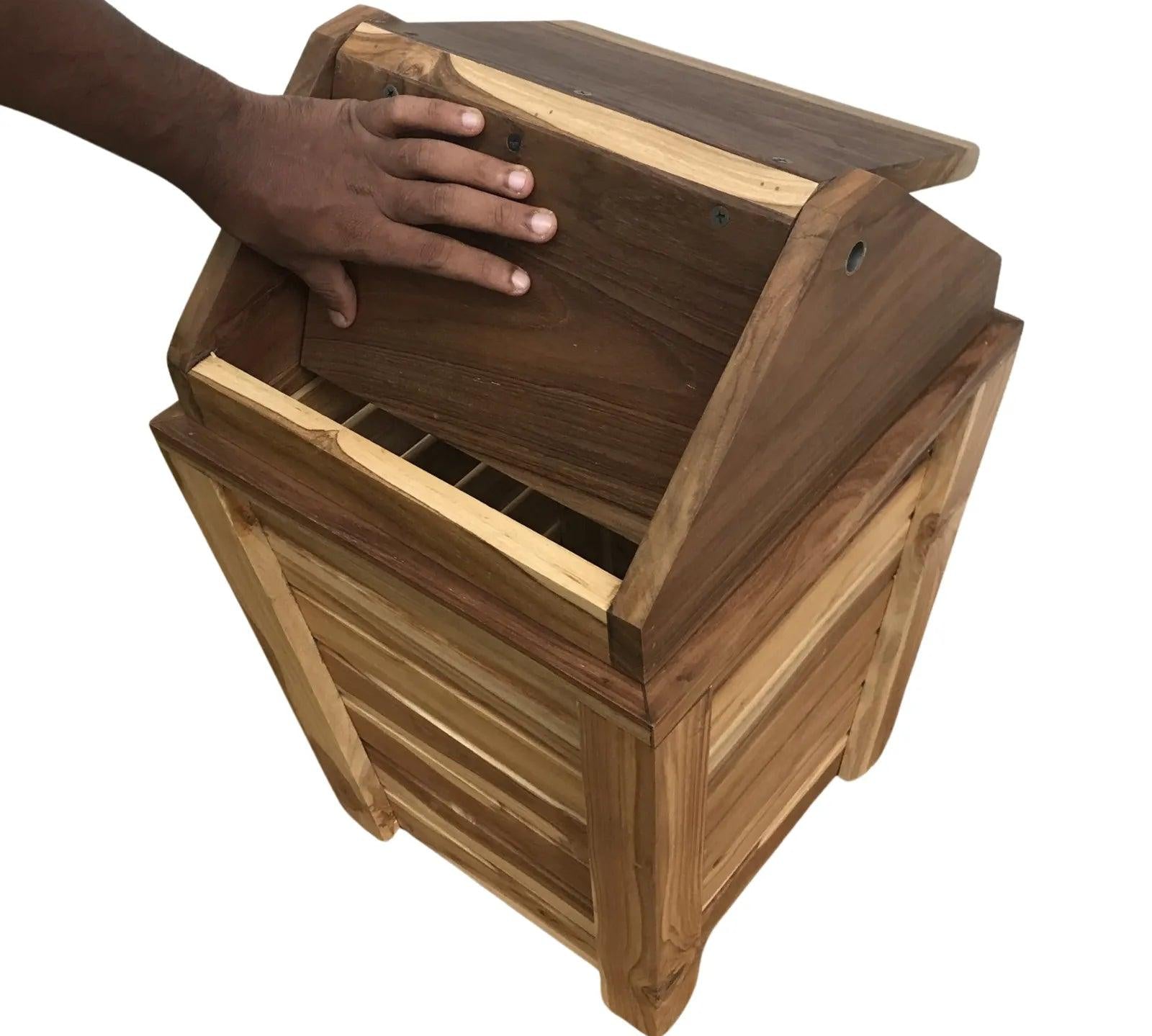 Teak wood trash can with swing top lid - Wood Ceylon