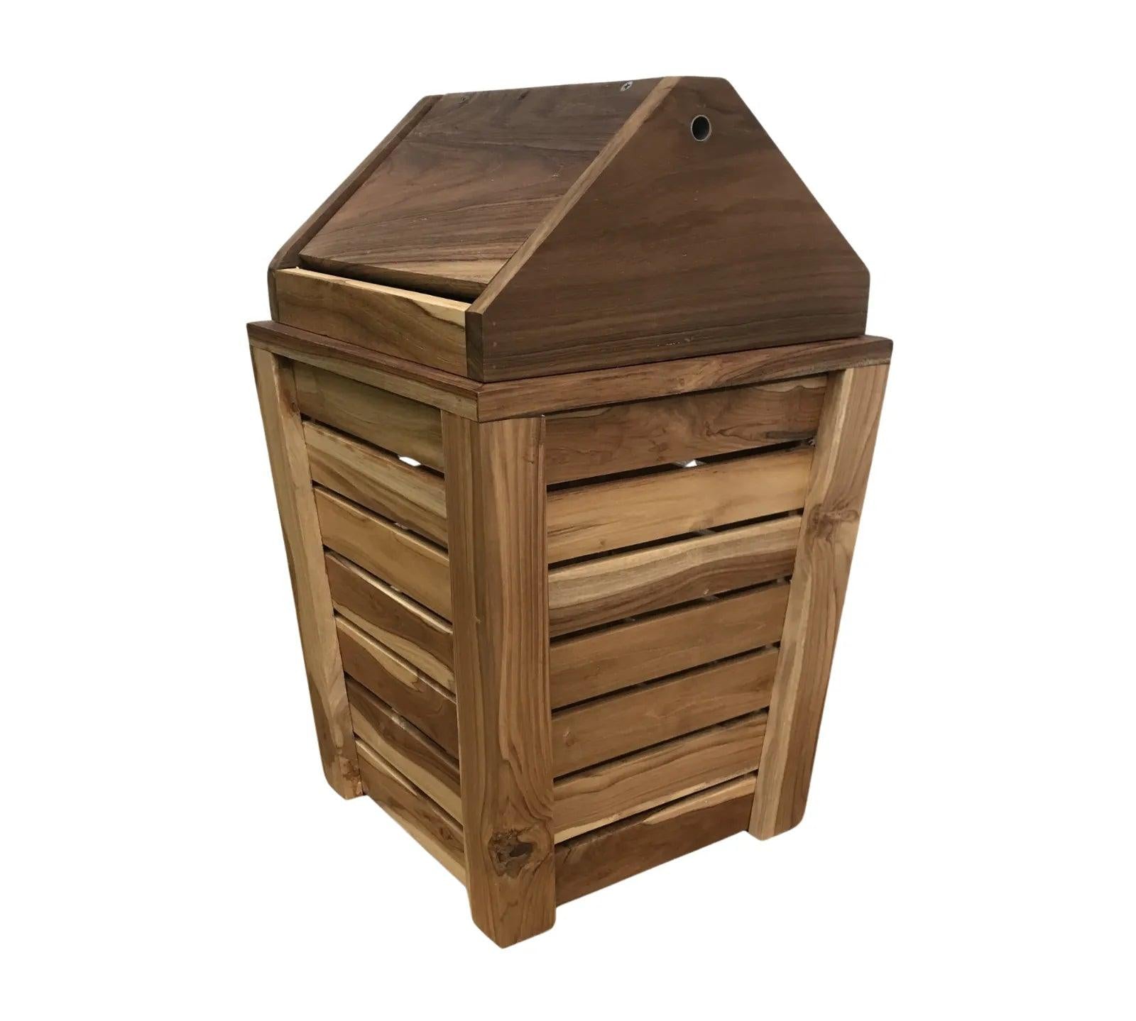 Teak wood trash can with swing top lid - Wood Ceylon