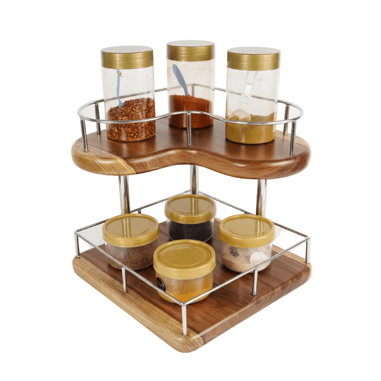 Two-tier wooden spice rack with glass jars on a white background