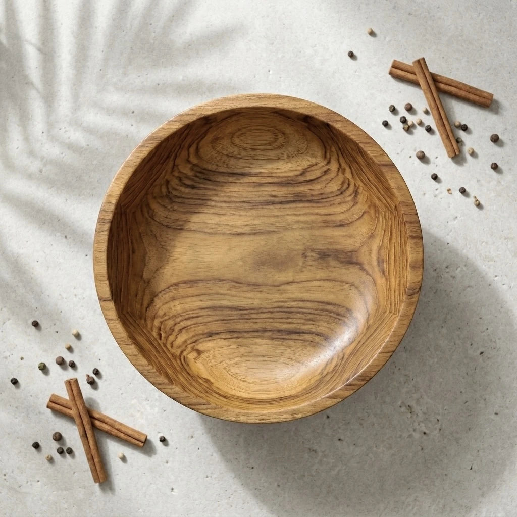 Side view of a handcrafted teak pedestal bowl showing 7-inch depth