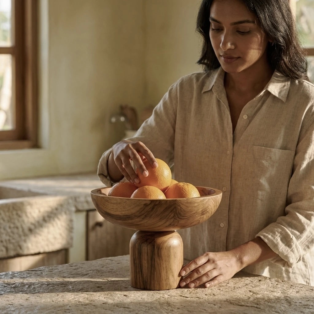 Wood Ceylon teak pedestal bowl wrapped in kraft paper for gifting