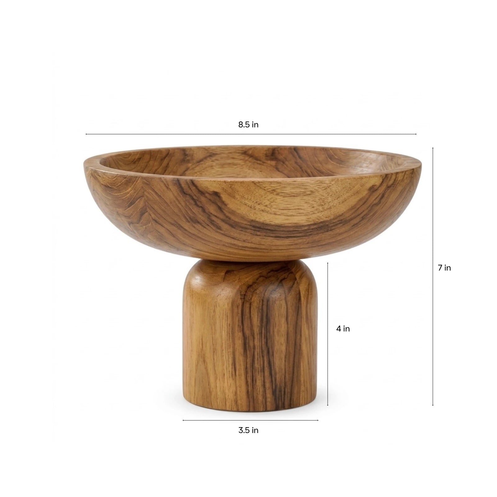 Wood Ceylon pedestal bowl next to a ruler showing 8.5-inch diameter