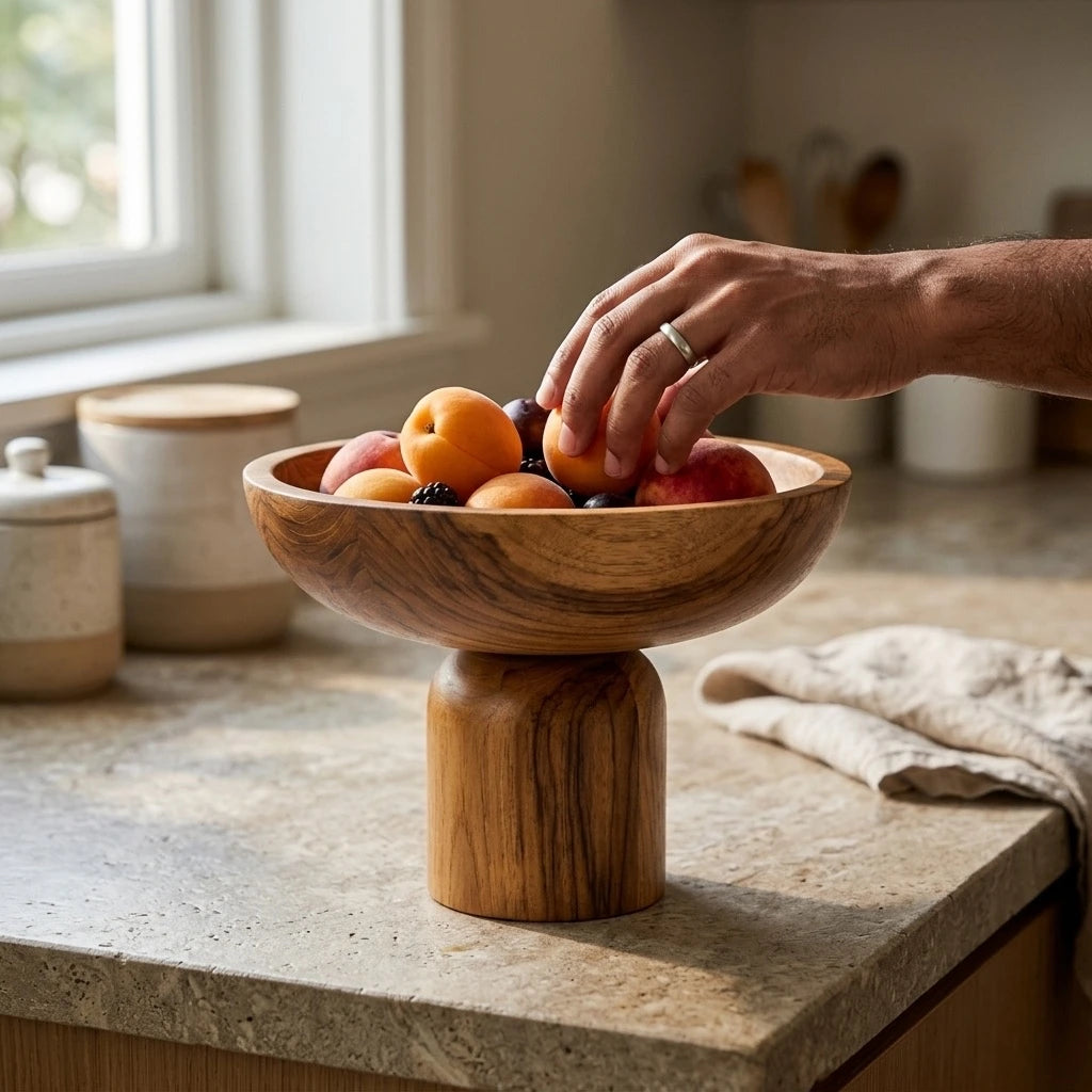 Food-safe oil finish detail on a solid teak wood bowl from Wood Ceylon