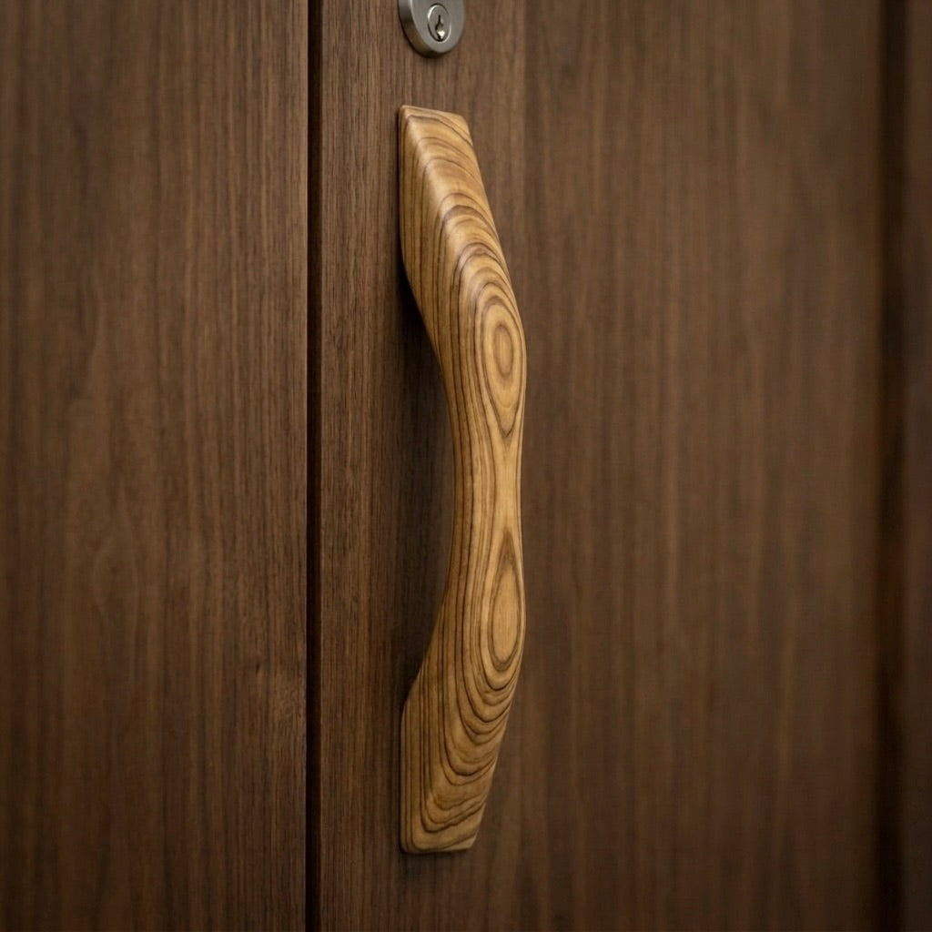 Curved handmade teak wood closet door pull handle, 18 inch, 16.5 inch center-to-center
