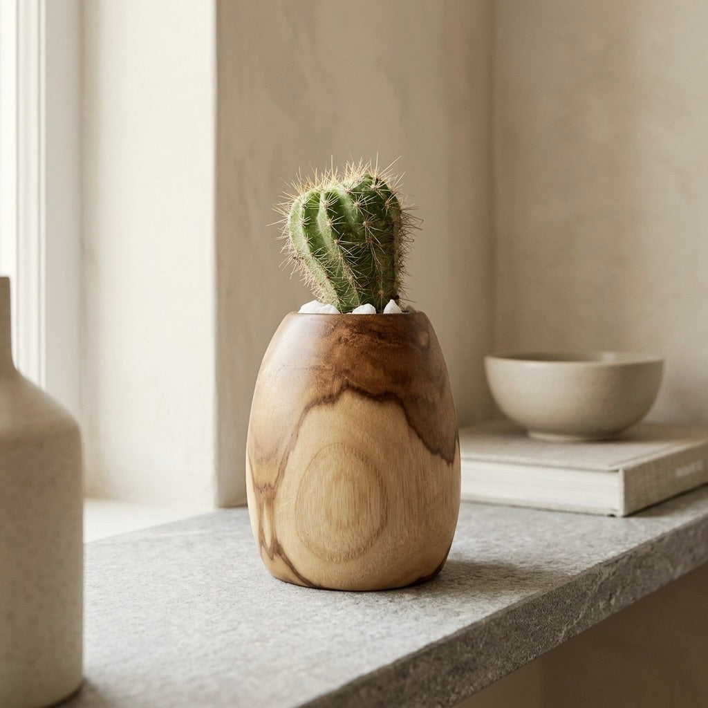 Teak succulent planter in natural finish with cactus