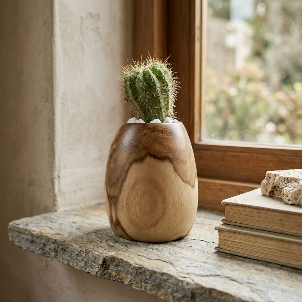 Teak succulent planter with a natural finish holding a cactus by a window