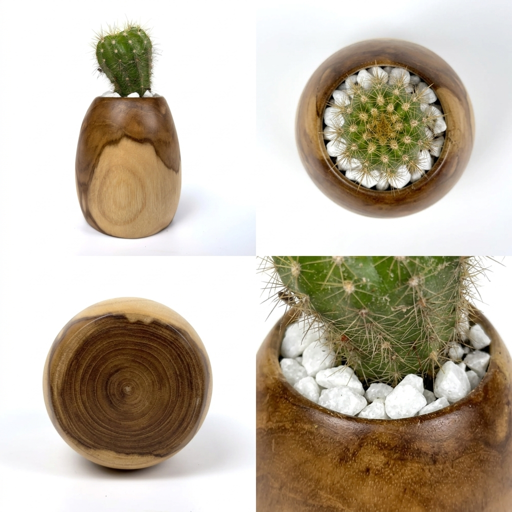 Wooden teak succulent planter with natural finish for cacti and small plants