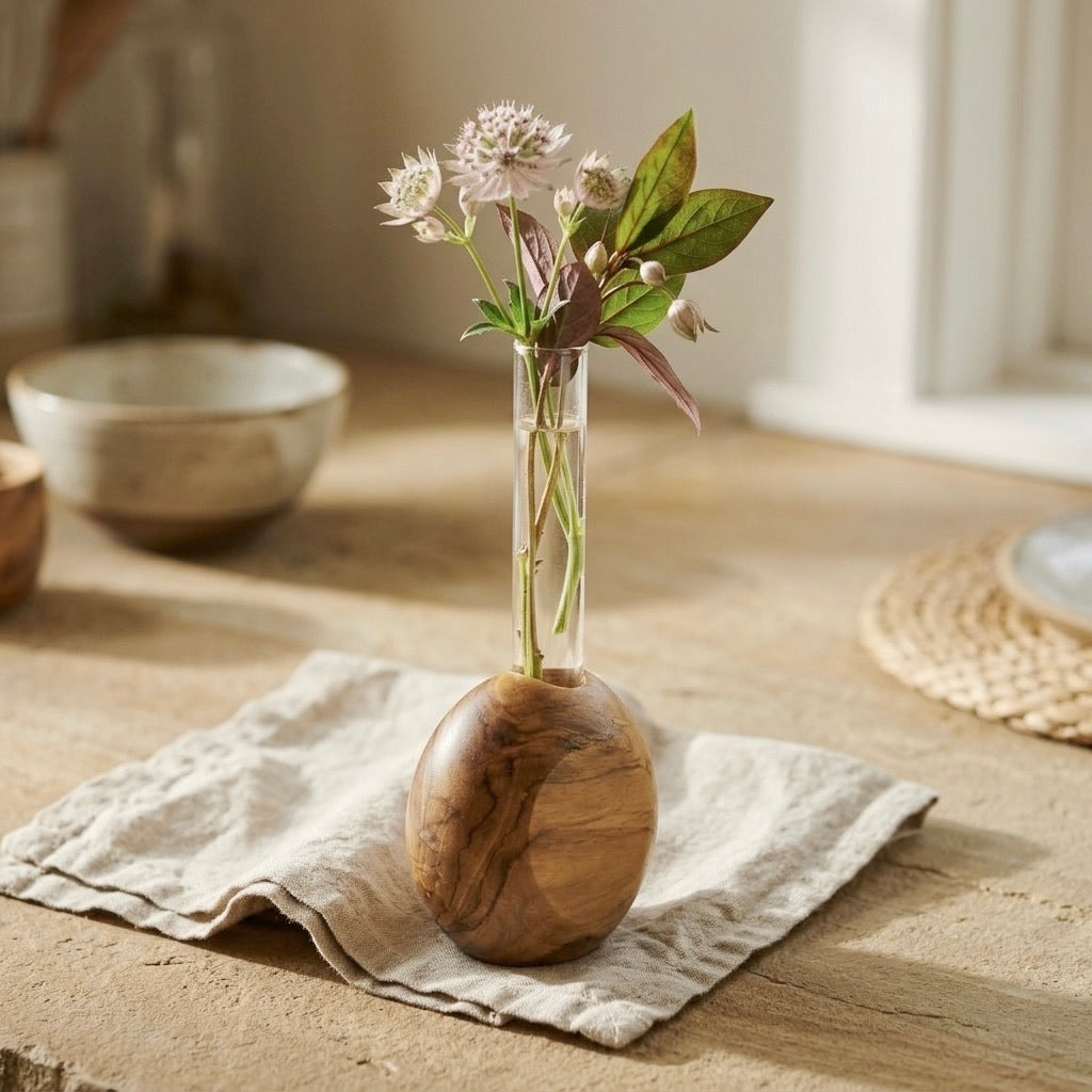 Round teak vase styled with flowers, turned wood base