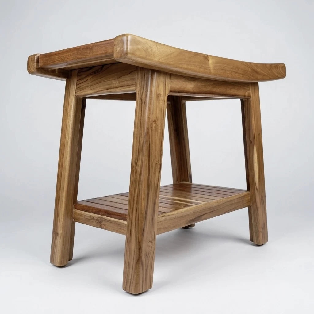 Side view of handmade teak shower bench showing natural wood grain and smooth finish