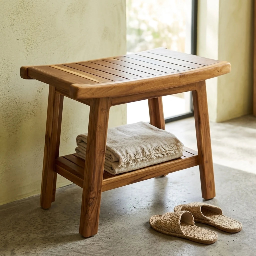 Solid teak wooden shower bench with slatted shelf, angled front view – Wood Ceylon