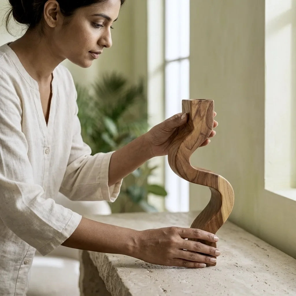 Side profile of solid teak candle holder showing 1.5 inch thickness