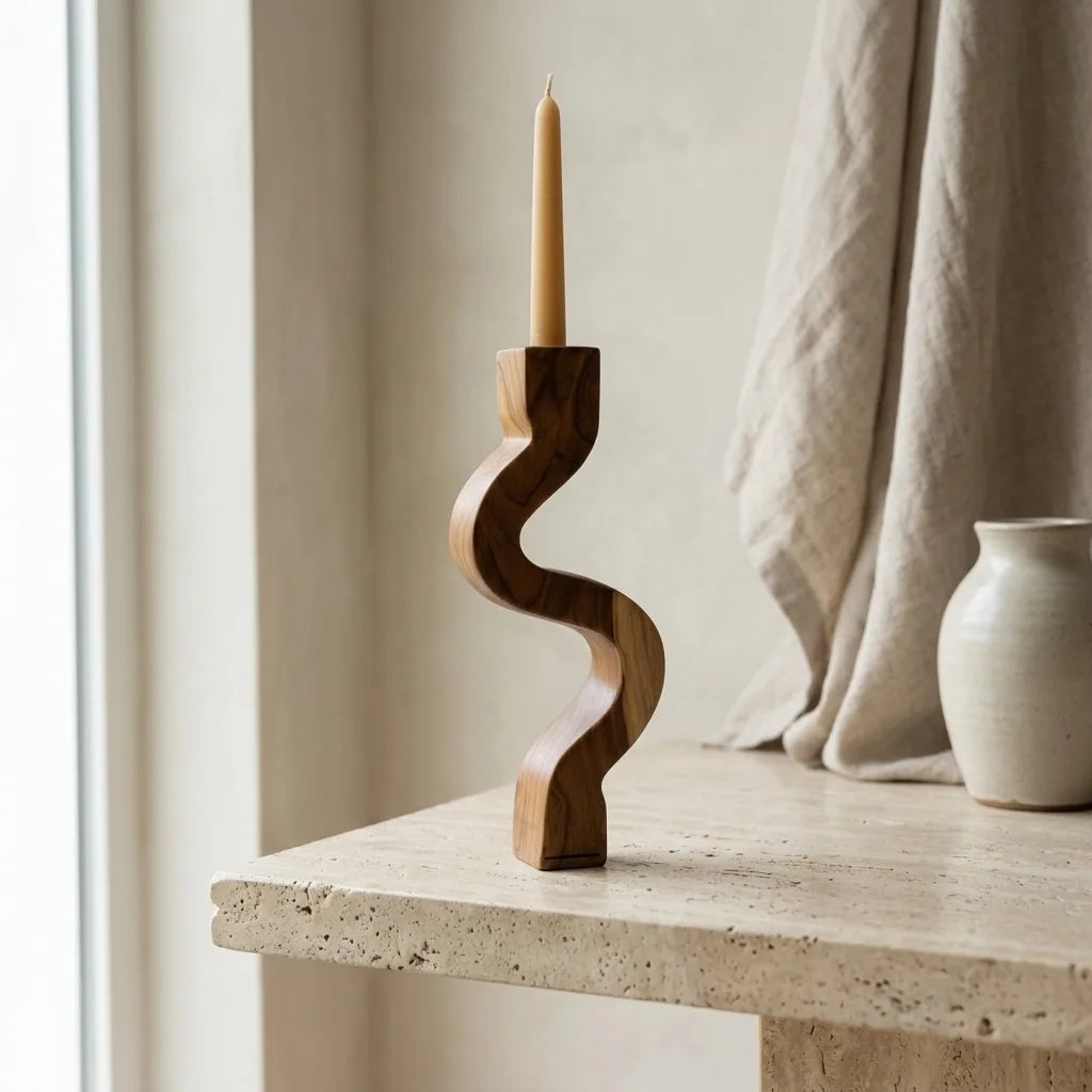 Long teak candle holder styled on a linen table runner with pillar candles
