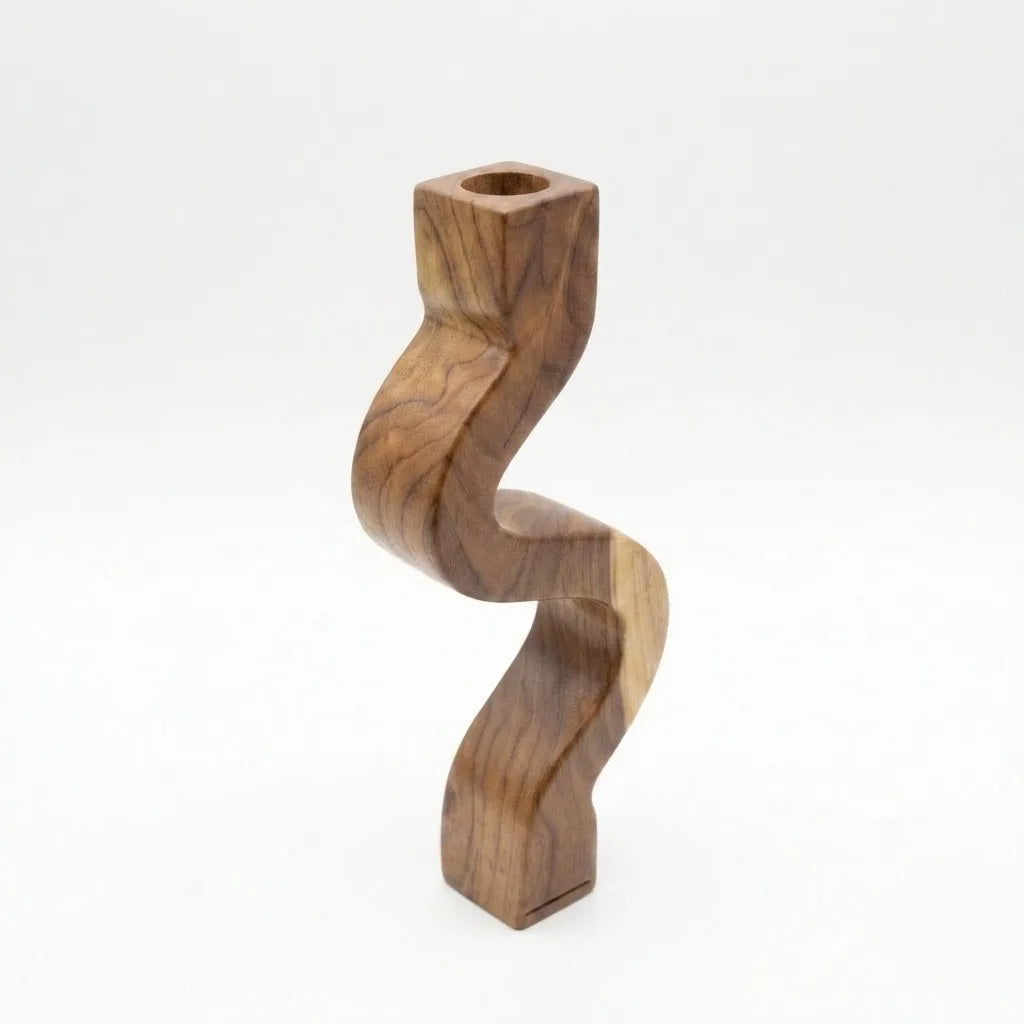 Close-up of smooth hand-sanded teak grain on Wood Ceylon candle holder