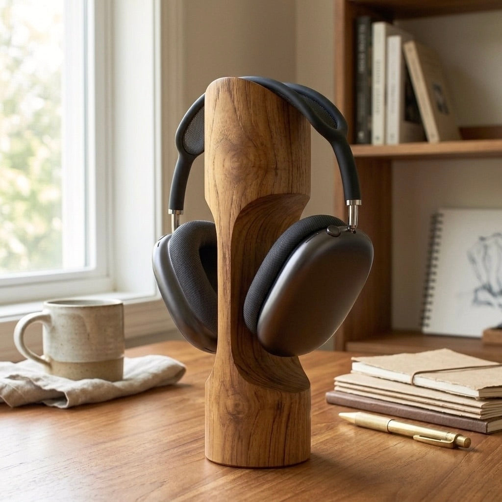Wood Ceylon teak headphone stand styled on a minimal home office desk