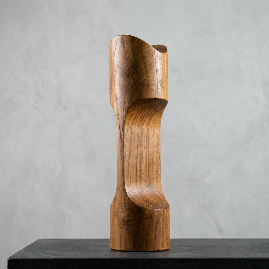 Teak headphone stand beside a keyboard showing 12-inch length