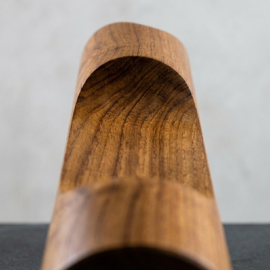 Artisan-crafted teak headphone stand made to order by Wood Ceylon