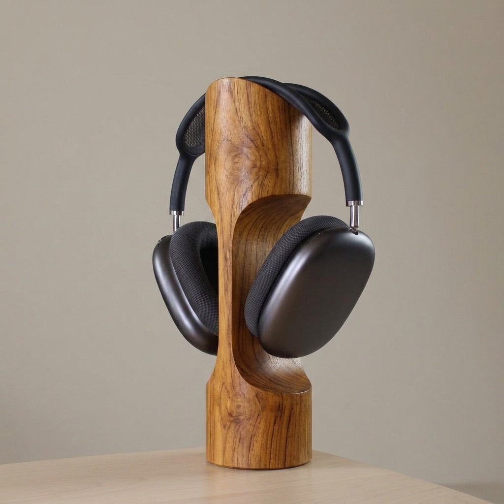Solid teak wood headphone stand handcrafted by Wood Ceylon in Sri Lanka