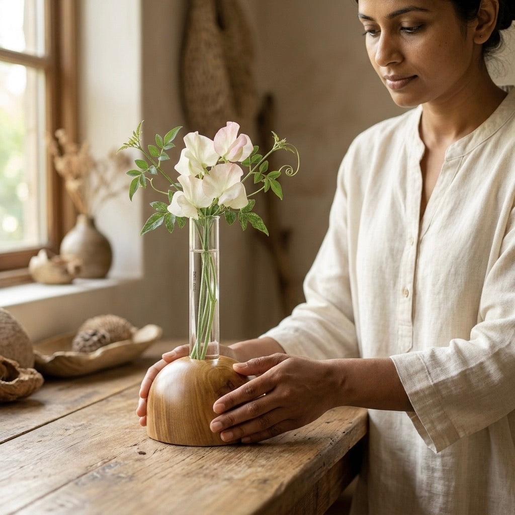 Teak dome vase collection shown in Burma, Clear, Walnut, and Ebony finish