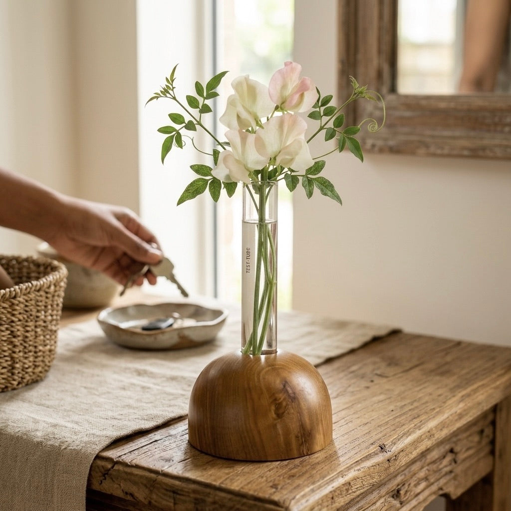 Teak dome vase with glass tube and green plant sprig