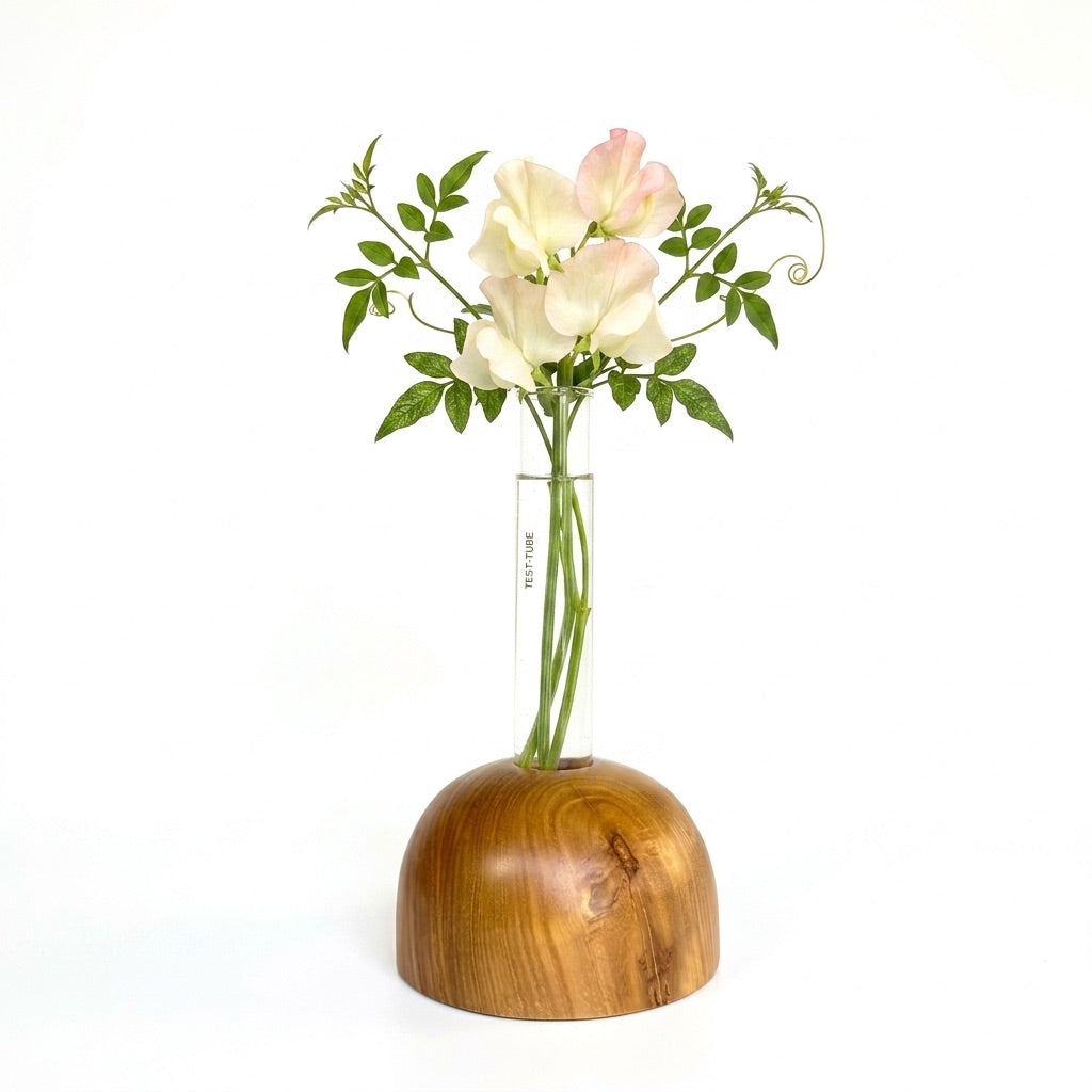 Teak dome vase with solid wood base, natural grain detail