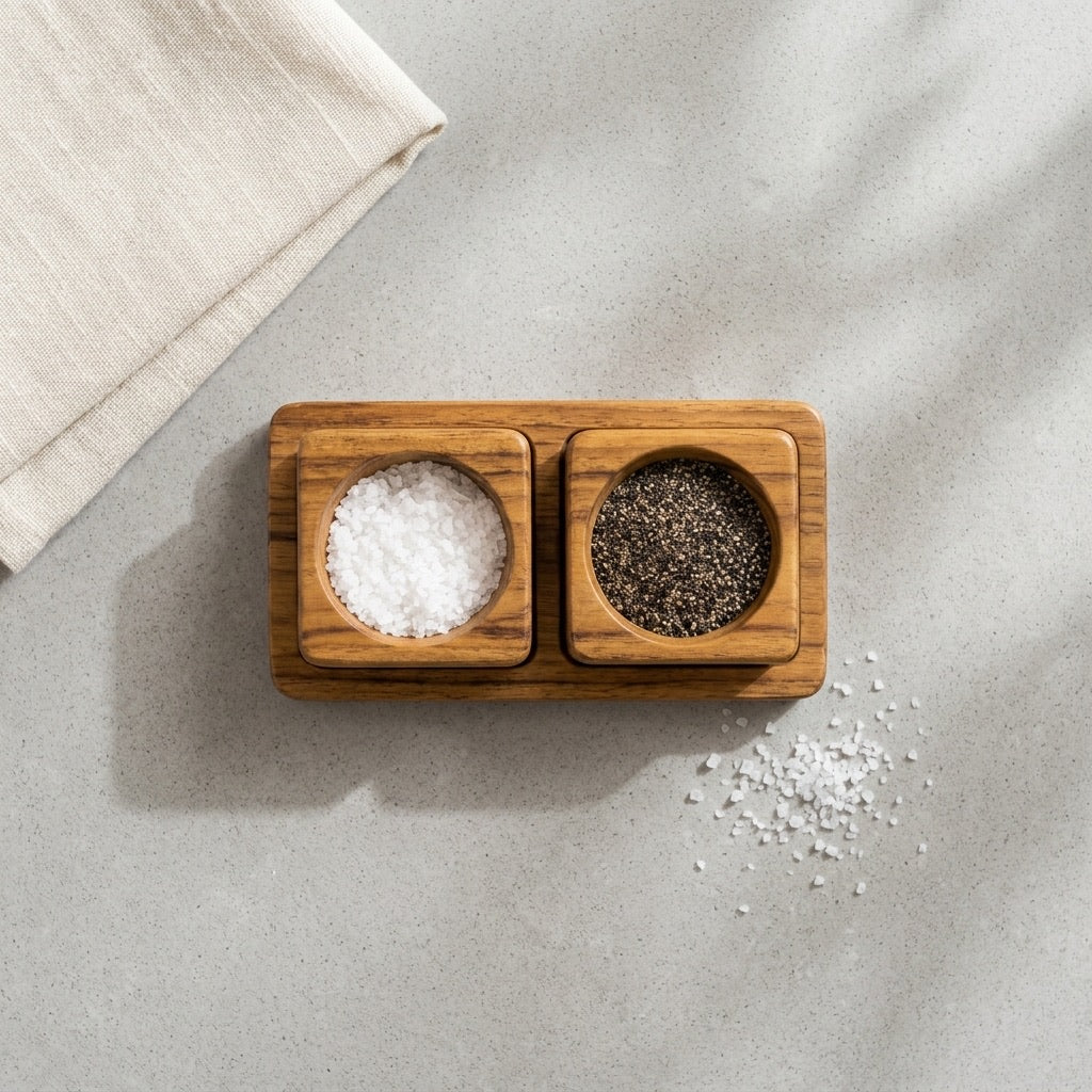 Wood Ceylon teak salt and pepper cellar set featuring two solid wood holders and a serving tray