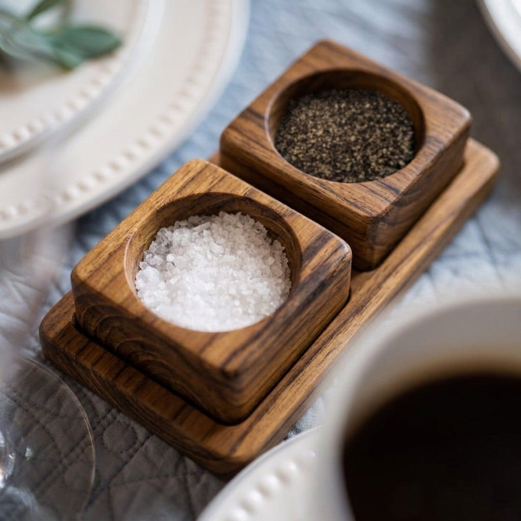 Handcrafted wooden salt and pepper cellars in natural teak with food-safe oil finish