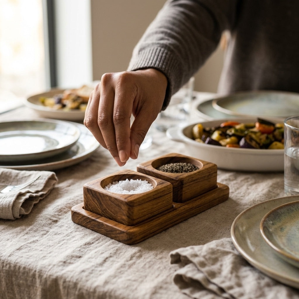 Solid teak salt and pepper cellar set with matching tray, handmade wooden kitchen accessory