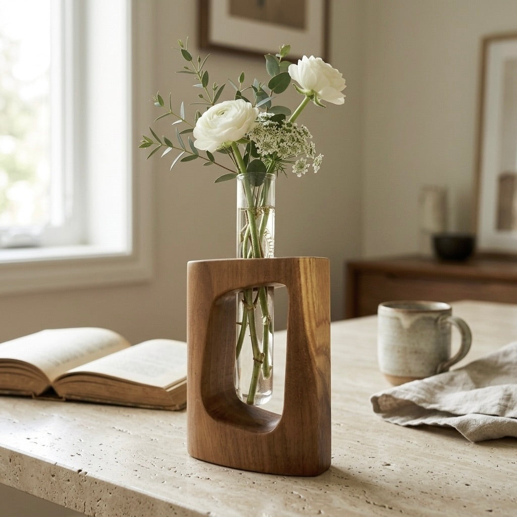 Wooden test tube vase with glass tube holding a plant cutting for propagation