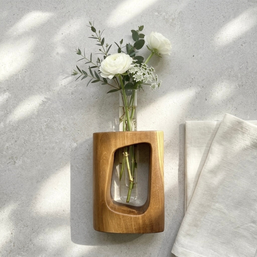Side view of teak test tube vase showing solid wood base and glass tube