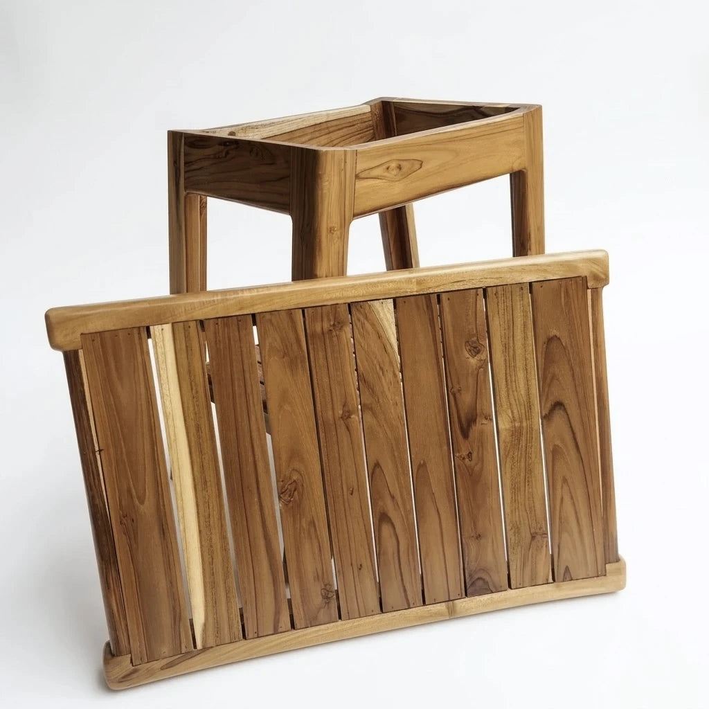 Teak shower bench shown in four wood finish variations – Wood Ceylon handmade bathroom stool