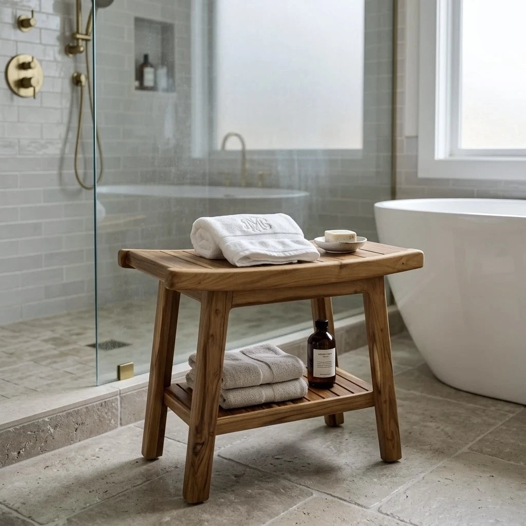 Teak wood shower bench inside walk-in shower with toiletries on lower shelf