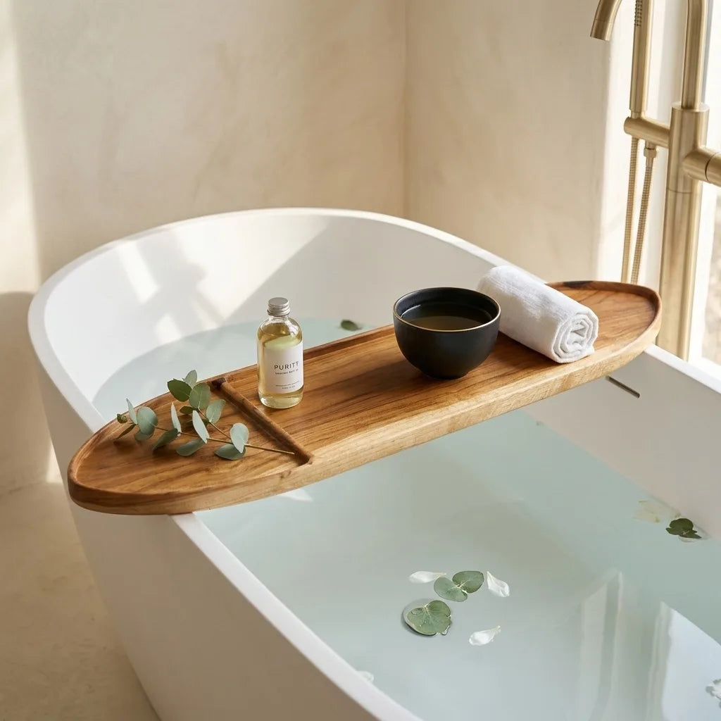 Bathroom setting with a bathtub and wooden tray holding a bottle, bowl, and towel.