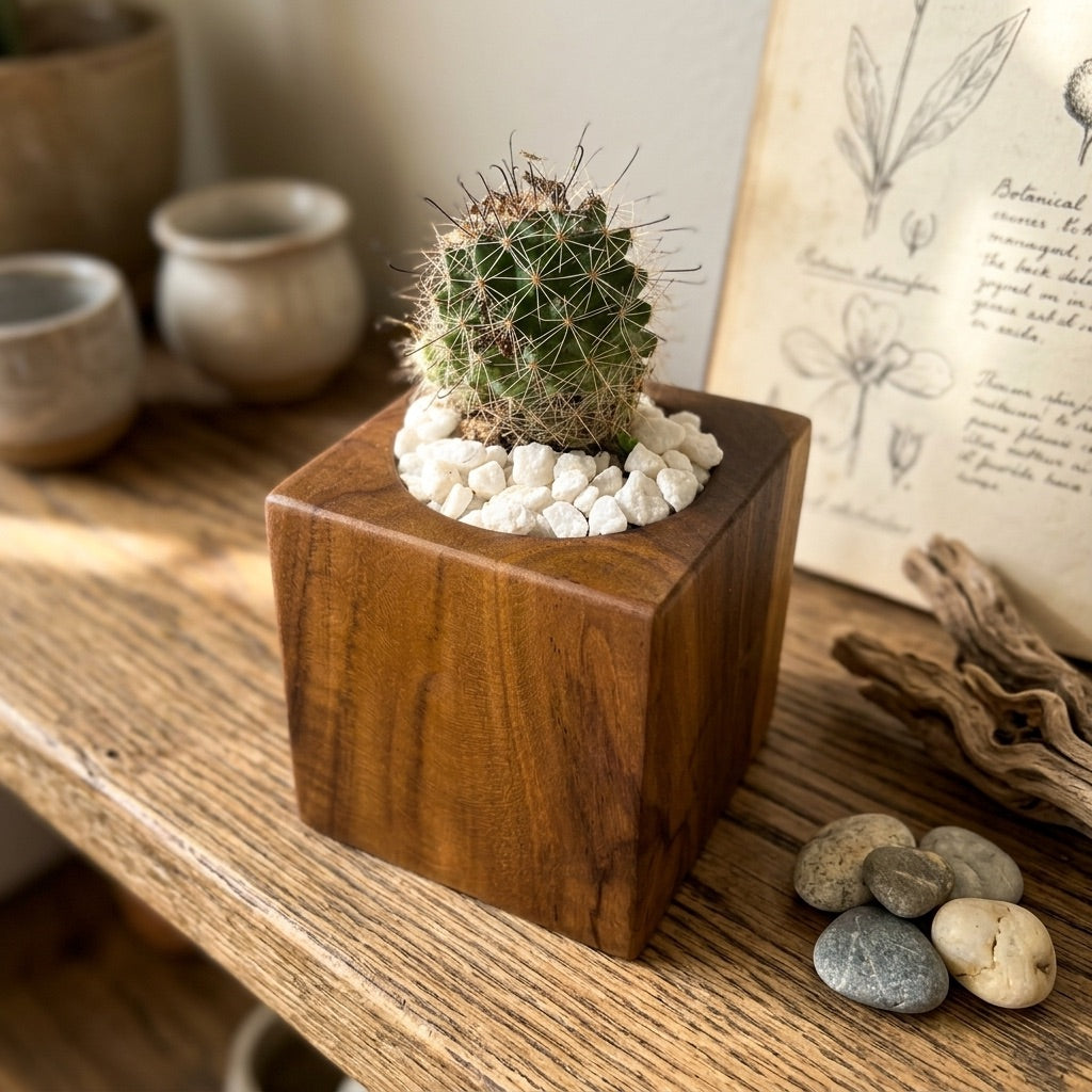 Teak Cube Planter — Modern Block-Shaped Succulent Pot