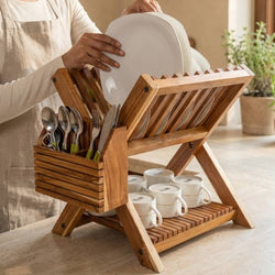 dish drying rack with plants Teak Wood Small Dish Drying Rack – Versatile Design