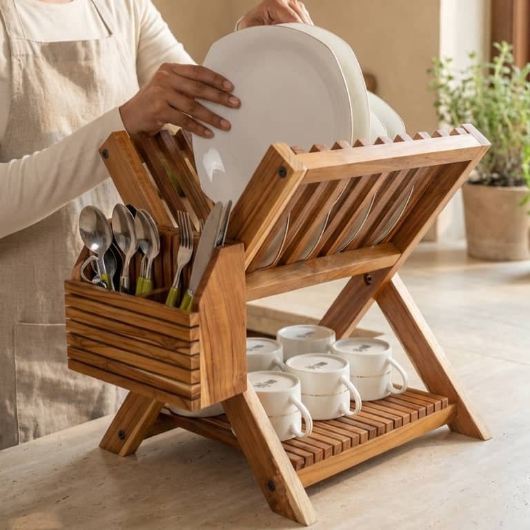 Woman in an apron using a wooden dish rack with cutlery and cups.