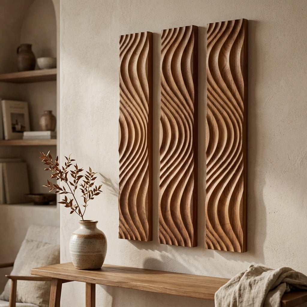 Hand Carved Solid Teak Wood Panel, Wave Wall Art, Wood Sculpture Decor